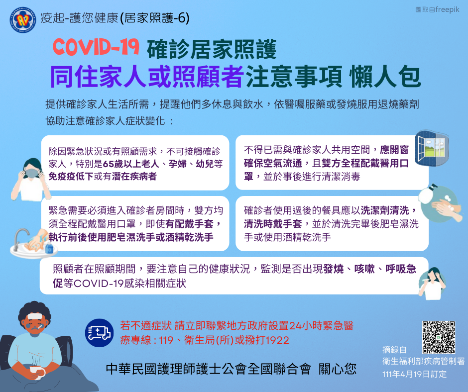 確診居家照護同住家人或照顧者注意事項