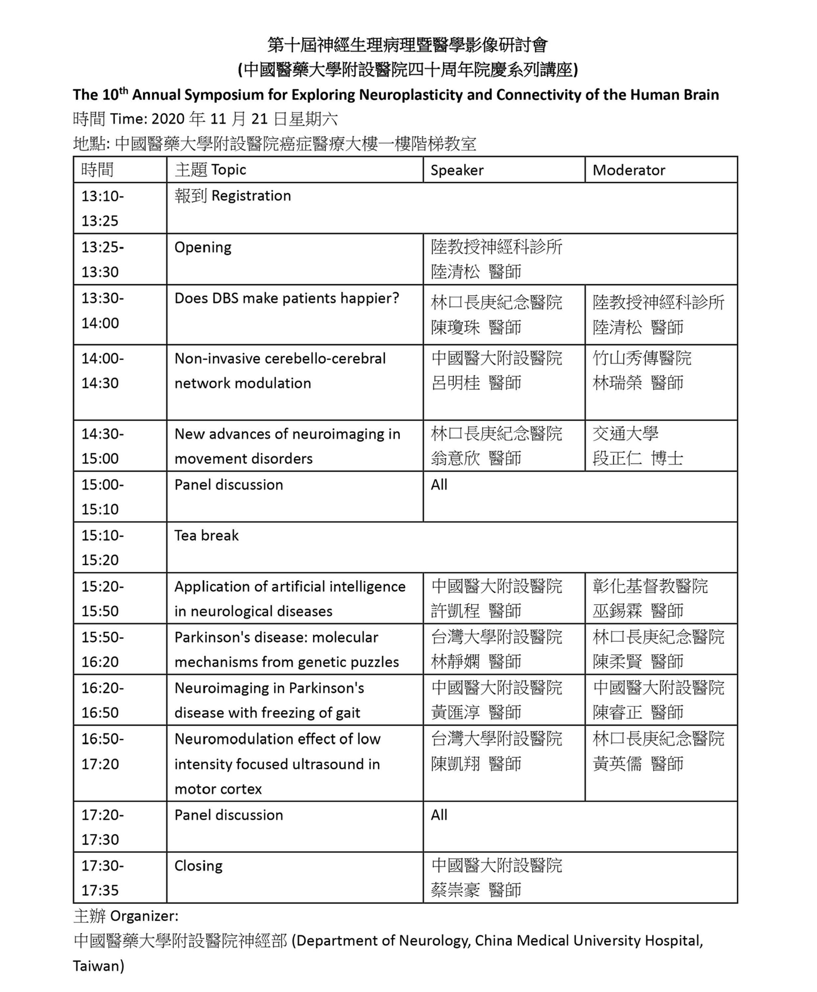 第十屆神經生理病理暨醫學影像研討會議程