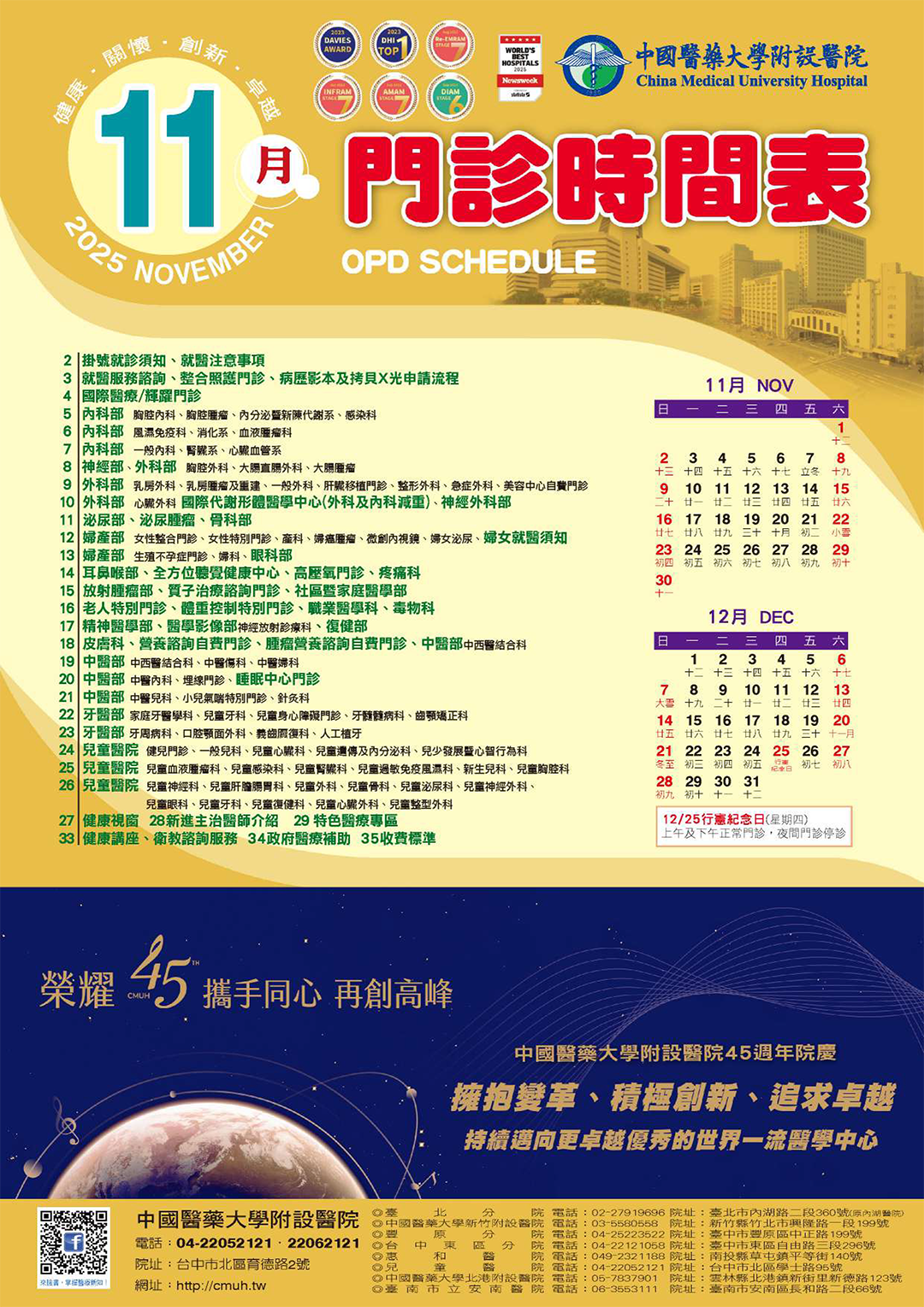 中國附醫114年9月門診時間表