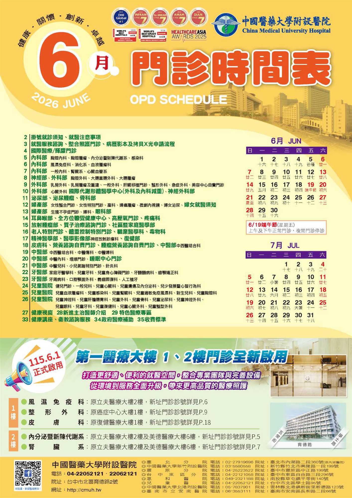 中國附醫115年4月門診時間表