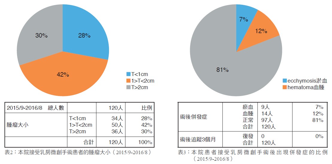 表2：本院接受乳房微創手術患者的腫瘤大小（2015/9-2016/8）