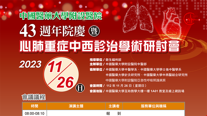 謹訂112年11月26日（星期日）舉辦「中國醫藥大學附設醫院43週年院慶暨心肺重症中西診治學術研討會」。